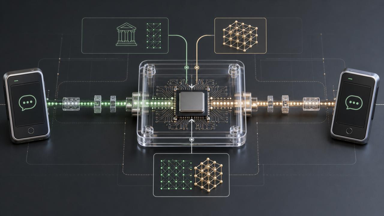 Two messaging devices connected through a transparent cryptographic module with classical and post-quantum key paths