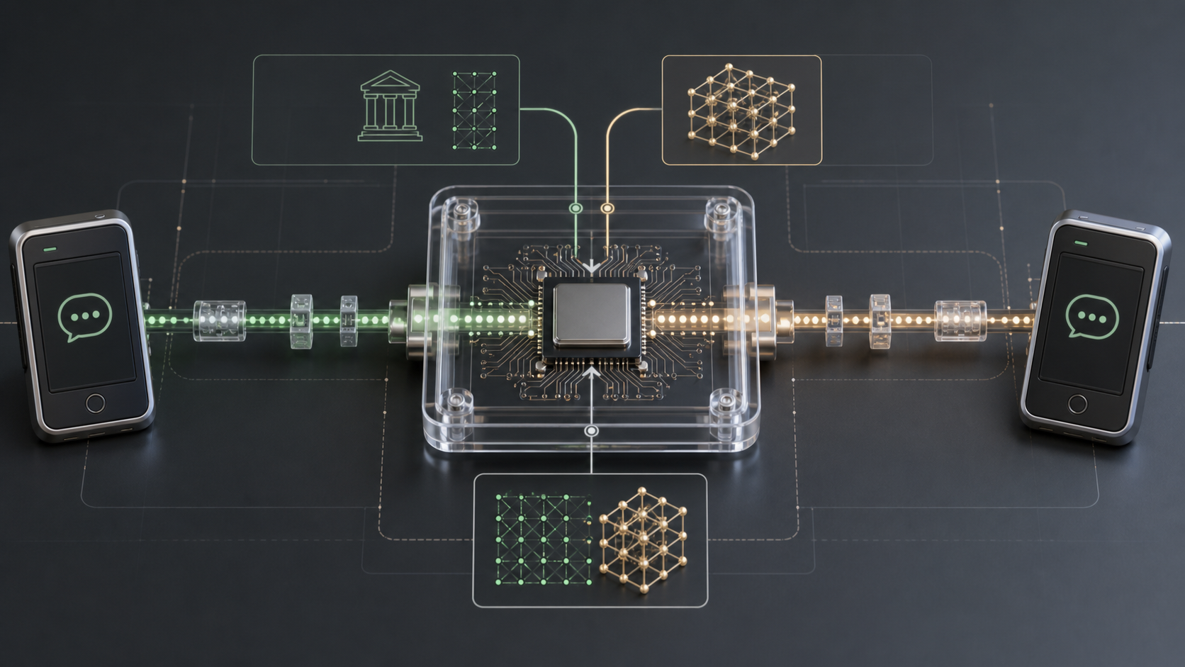 Two messaging devices connected through a transparent cryptographic module with classical and post-quantum key paths
