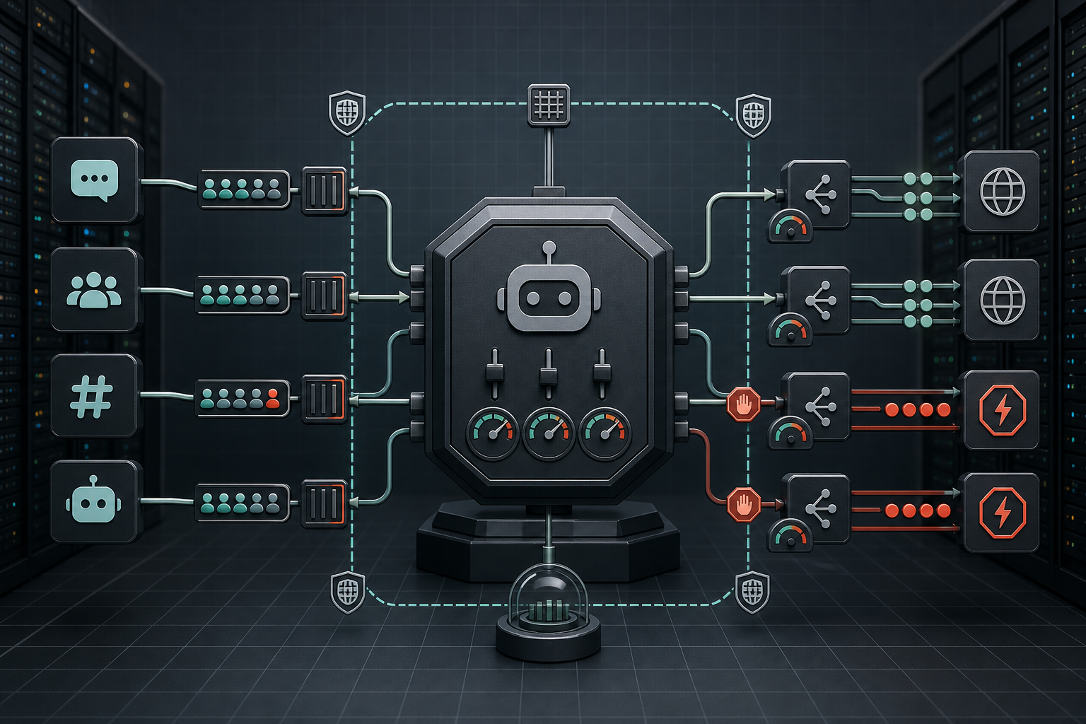 Technical editorial image showing a community bot control plane connected to chat channels, API gateways, queue lanes, throttling controls, and containment boundaries