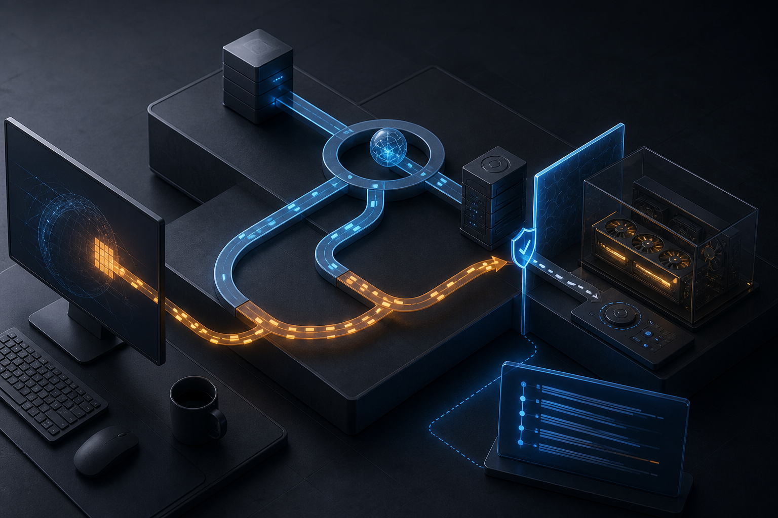 A developer workstation and local AI compute dashboard connected by an amber browser request path that loops through DNS and stops at a blue patch boundary beside a preserved evidence log