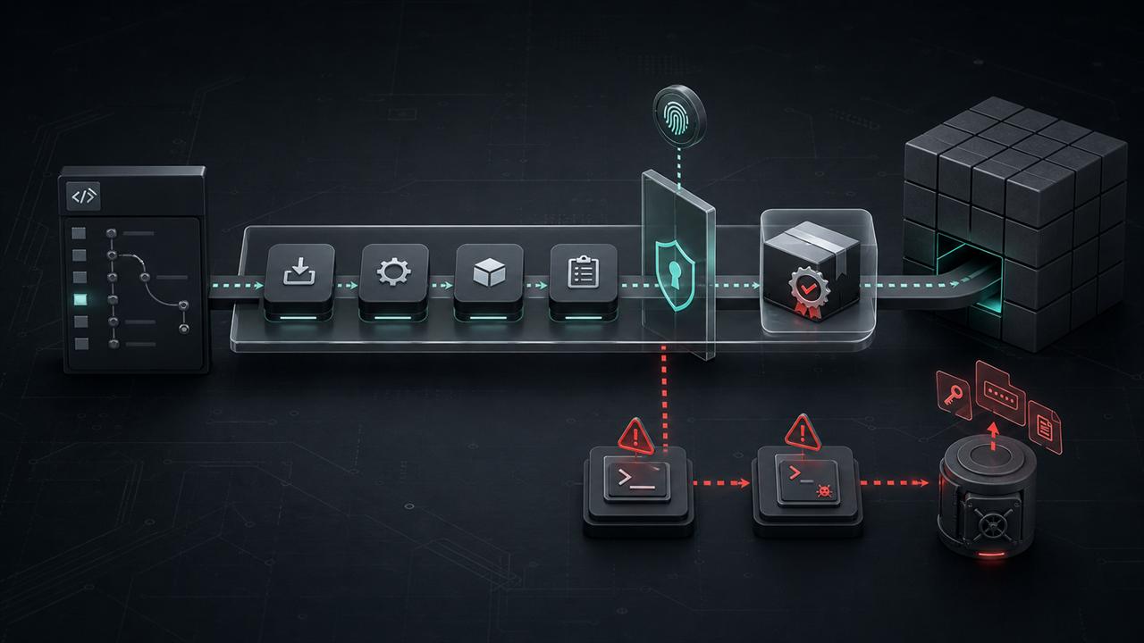 A signed package publishing pipeline with CI workflow gates, a package registry block, and credential-exfiltration warnings on a dark technical audit surface