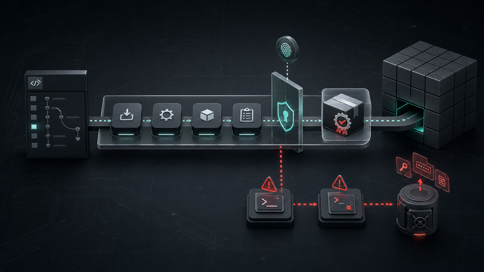 A signed package publishing pipeline with CI workflow gates, a package registry block, and credential-exfiltration warnings on a dark technical audit surface