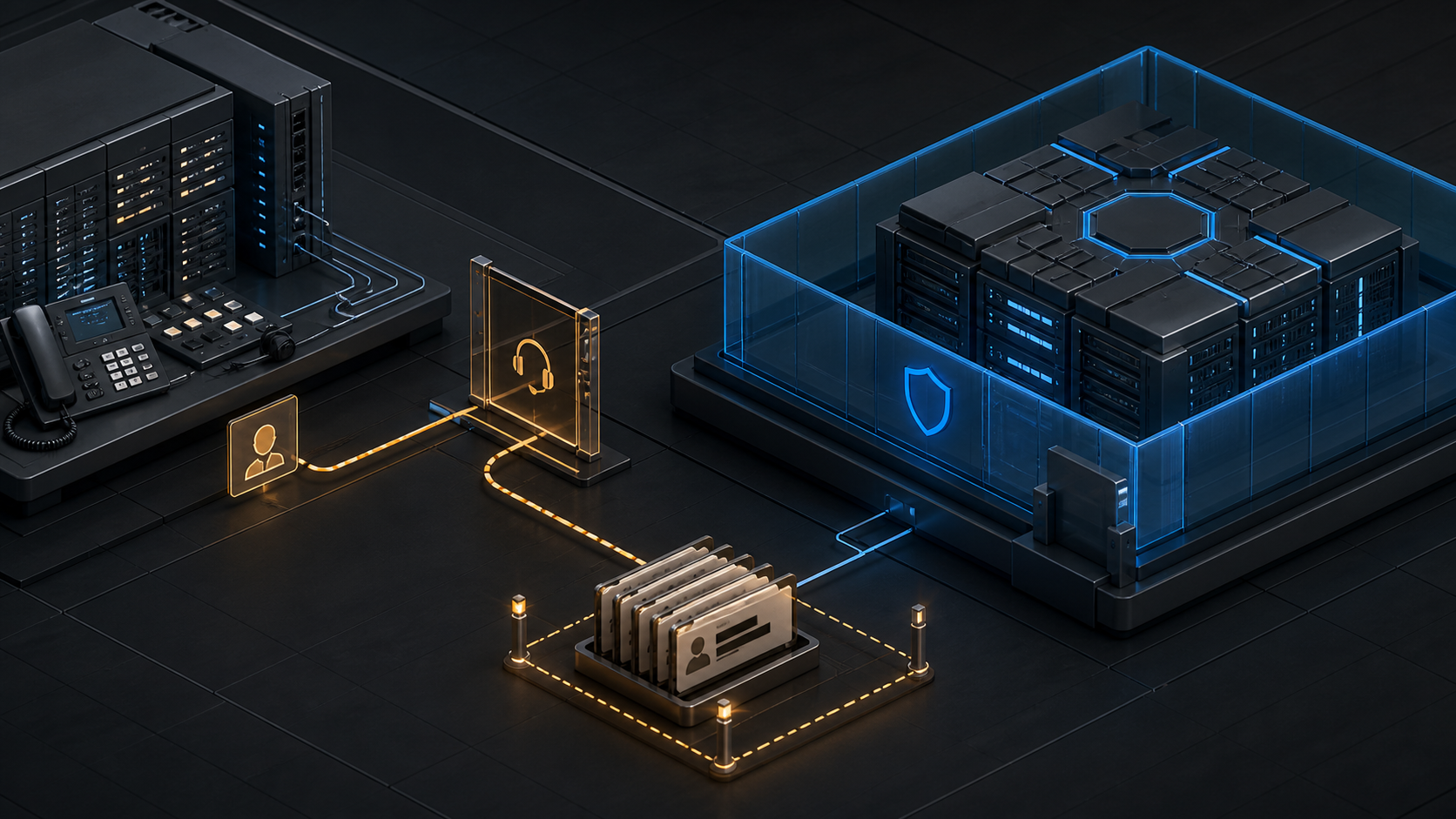 A brand-neutral communications switchboard where an amber support-access path reaches a limited contact-record store while the core platform remains inside a separate blue boundary