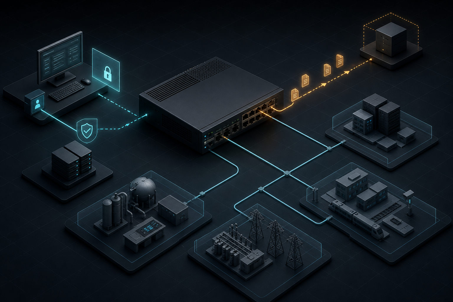Technical illustration of an enterprise router separating a protected management path from an exposed path leaking configuration files