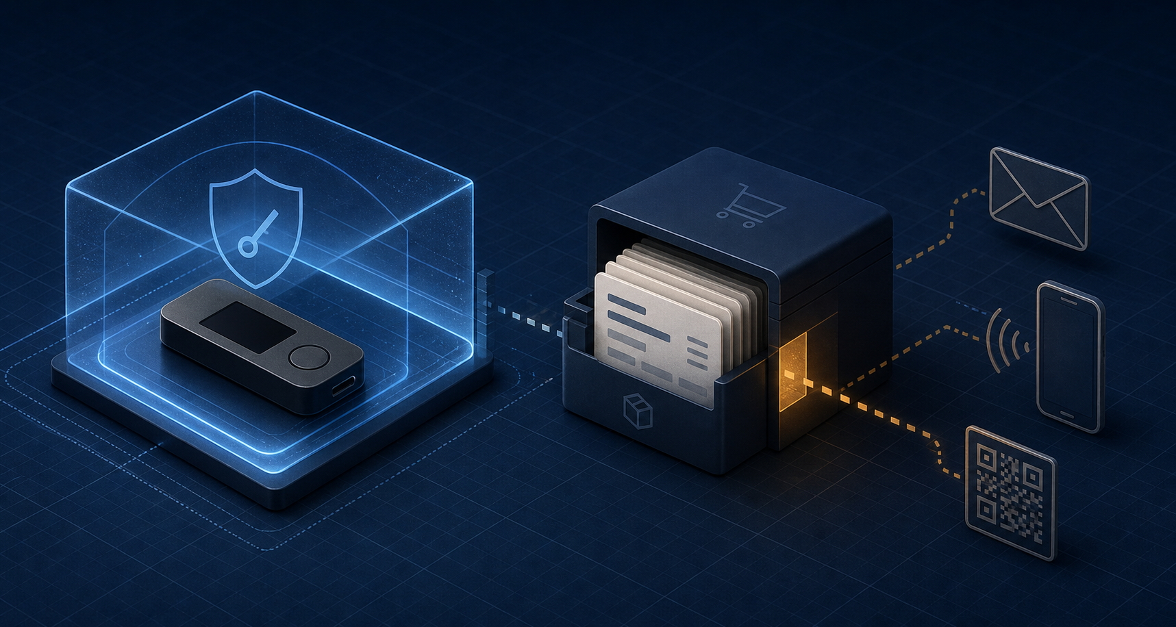 An unbranded hardware wallet inside an intact blue cryptographic boundary beside an order-record system whose amber authorization gap feeds phishing channels