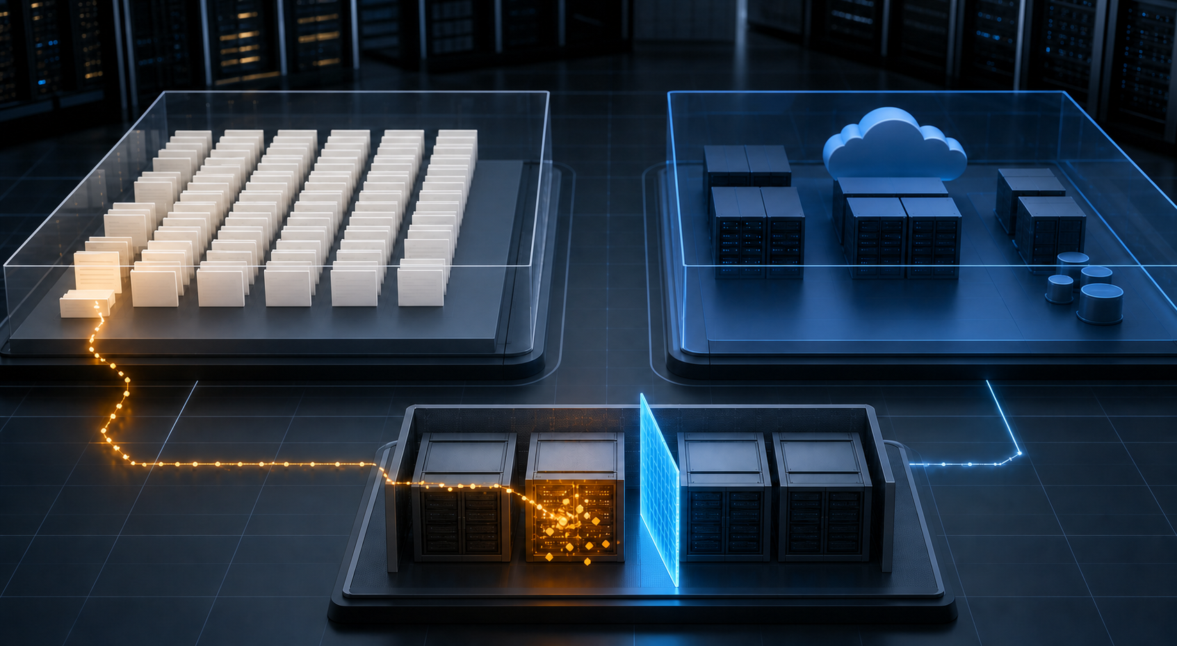 A large enclosure of blank member-data cards and a separate blue cloud workload enclosure sit behind a smaller hosted-server cluster where an amber compromised compartment is divided from clean systems by a bright blue containment barrier