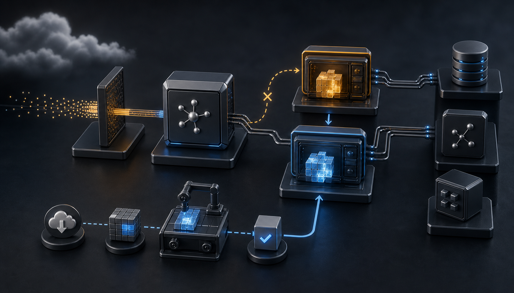 An unbranded cloud commerce integration where a verified blue software artifact is rebuilt and deployed to replace a separate amber application instance