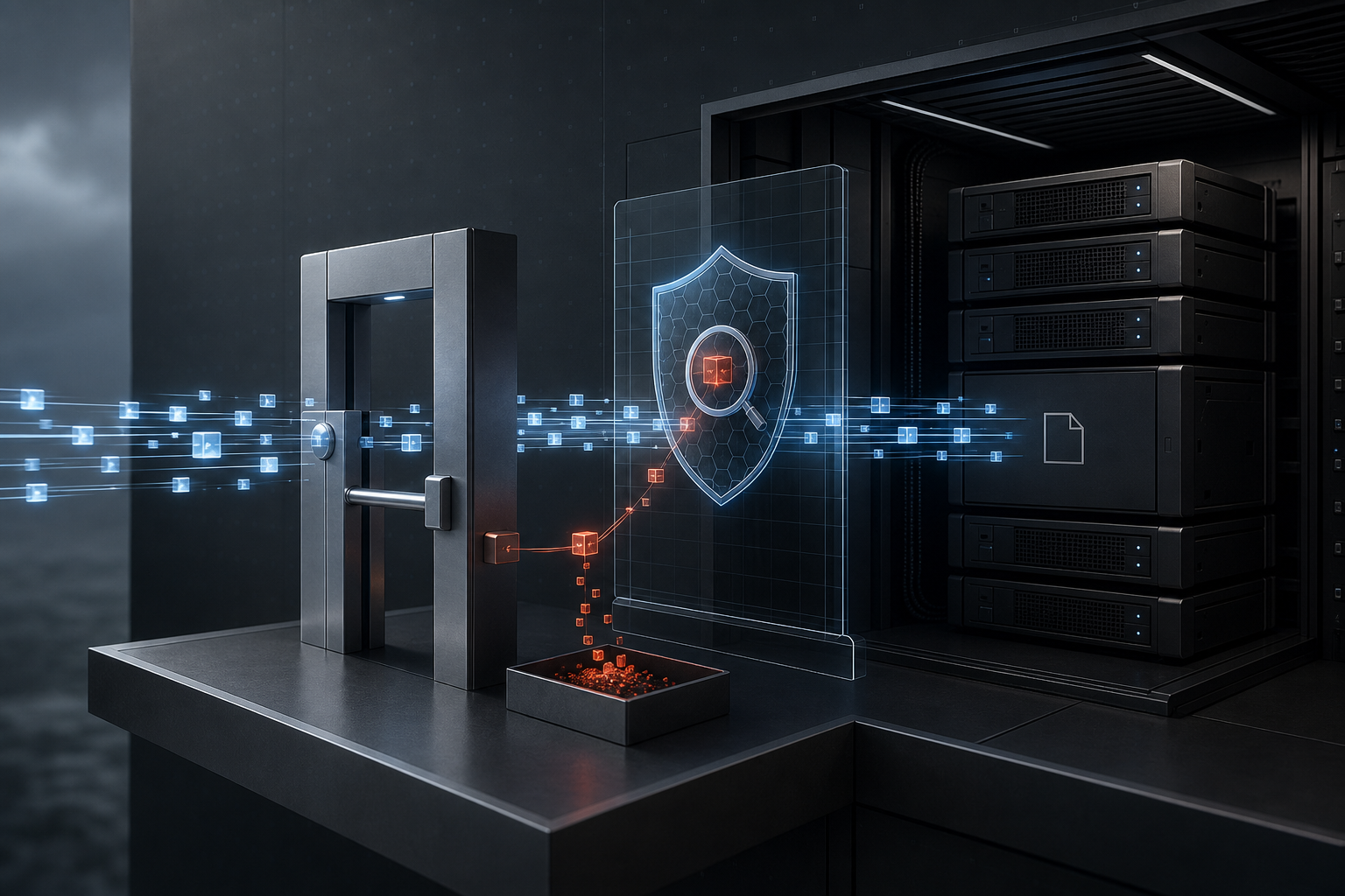 Technical illustration of network requests crossing an authentication gate while a separate inspection layer protects a stack of collaboration servers