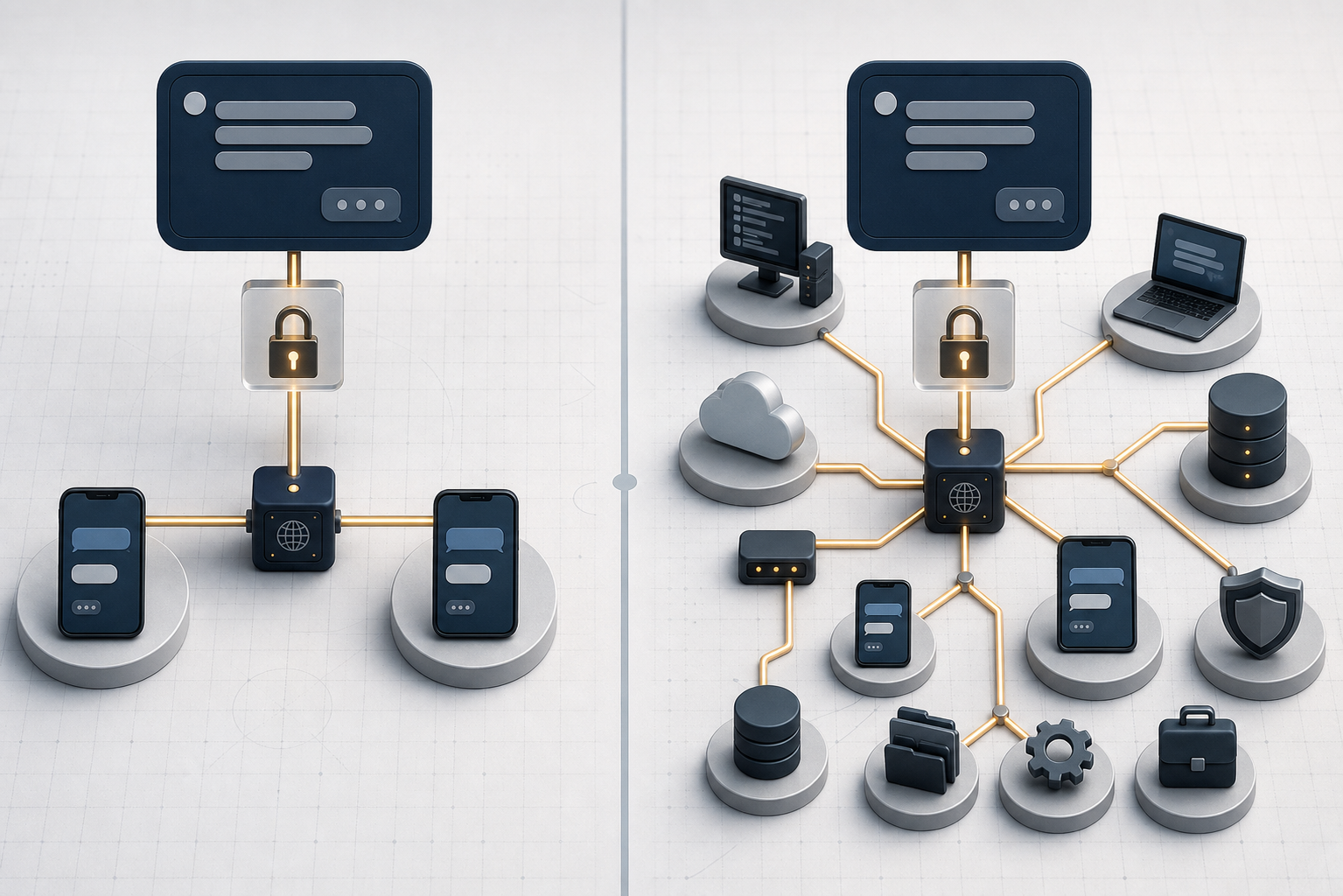 Two encrypted messaging architectures compared on a neutral technical analysis surface