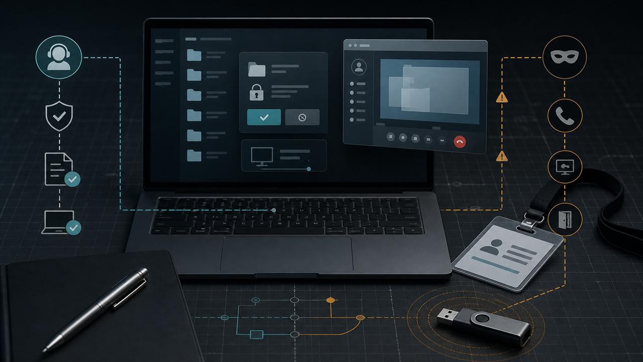 Abstract help desk verification path, remote support window, visitor badge, and USB data theft risk on a dark technical desk surface