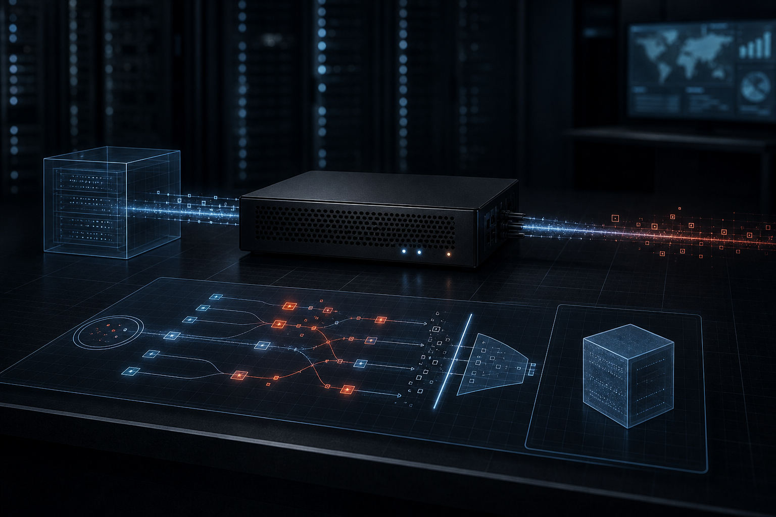 Brand-neutral secure remote-access appliance under forensic review with anomalous network paths separated from a clean recovery image