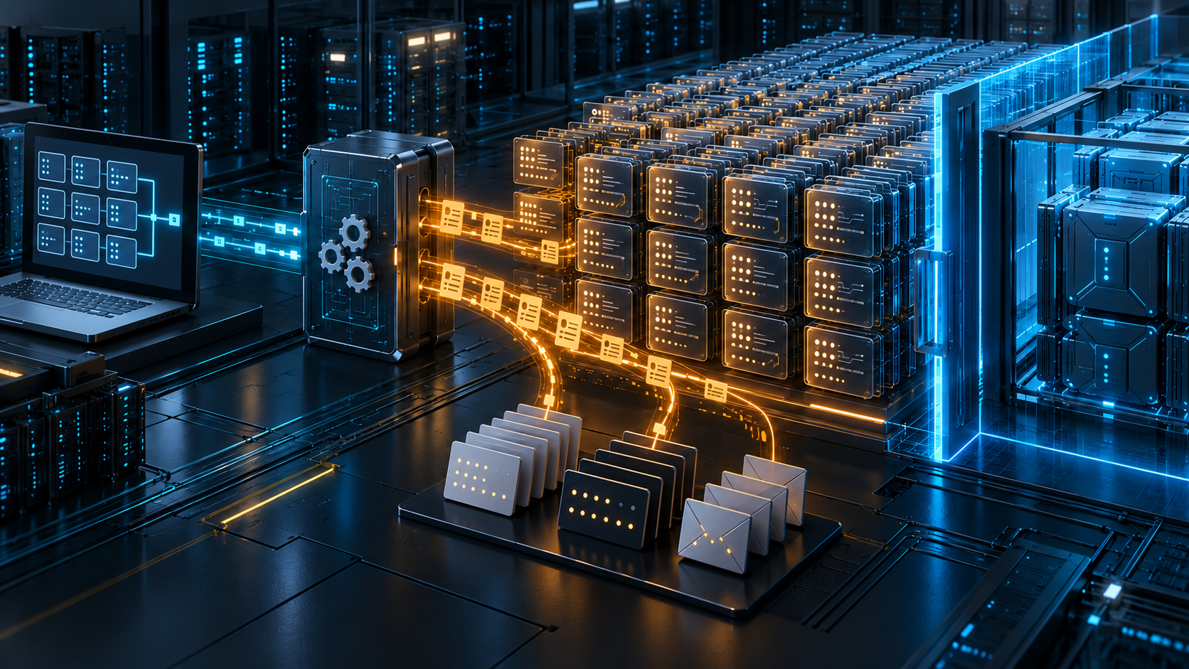 An amber extraction route pulls abstract account records through a central API gateway as a blue containment barrier closes, while a separate sealed payment system remains disconnected