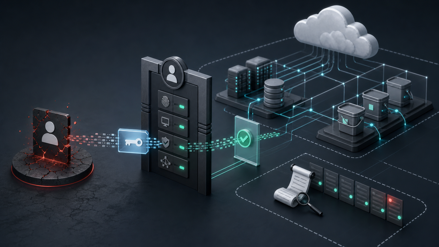 A cloud identity reset gate connected to directory nodes, key vaults, storage containers, audit logs, and containment boundaries