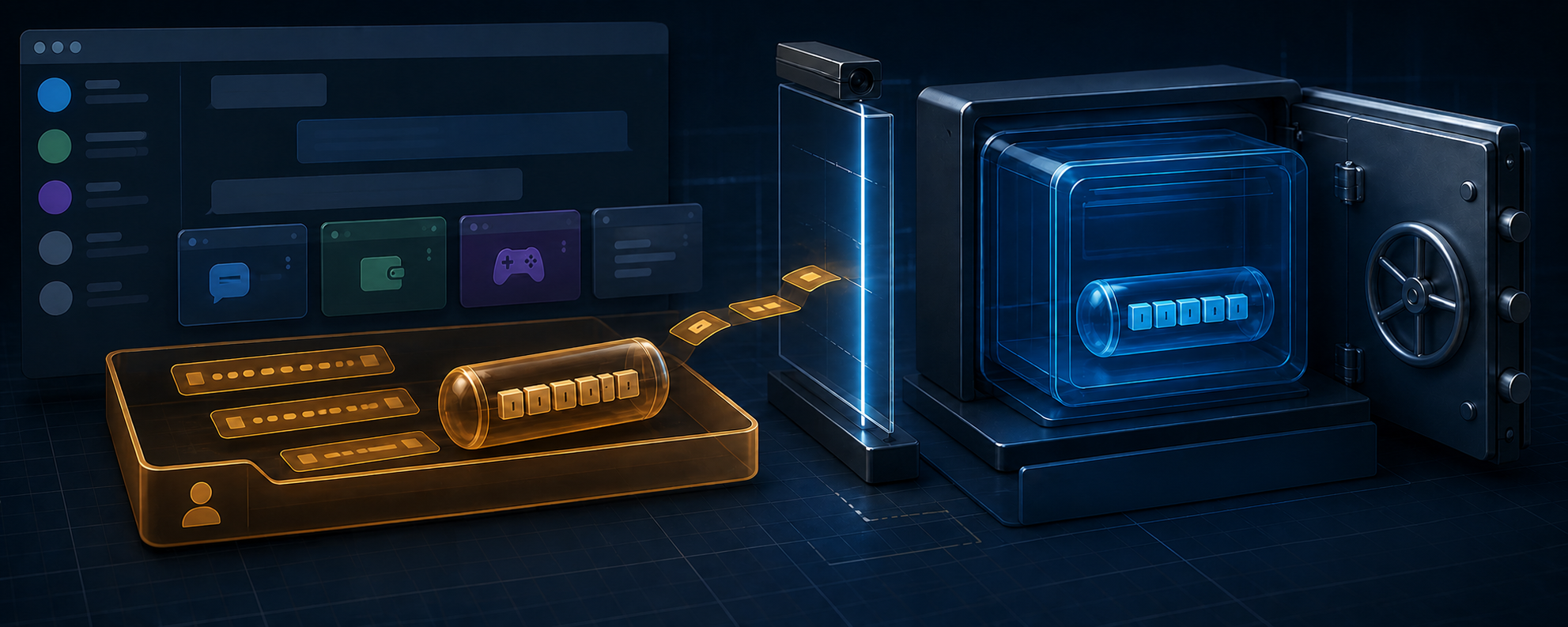 A neutral desktop messaging window exposes amber token strips and a wallet recovery capsule in user-space web storage while a scanner separates them from protected material inside a blue operating-system-backed vault