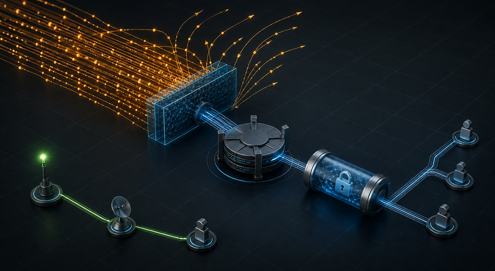 A neutral messaging relay behind an upstream blue filter as amber flood traffic is diverted, with an intact encrypted message capsule and a separate status beacon