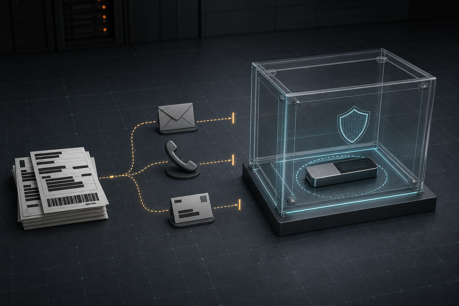A hardware wallet kept behind a secure boundary while exposed shipping labels are separated into email, phone, and postal phishing paths