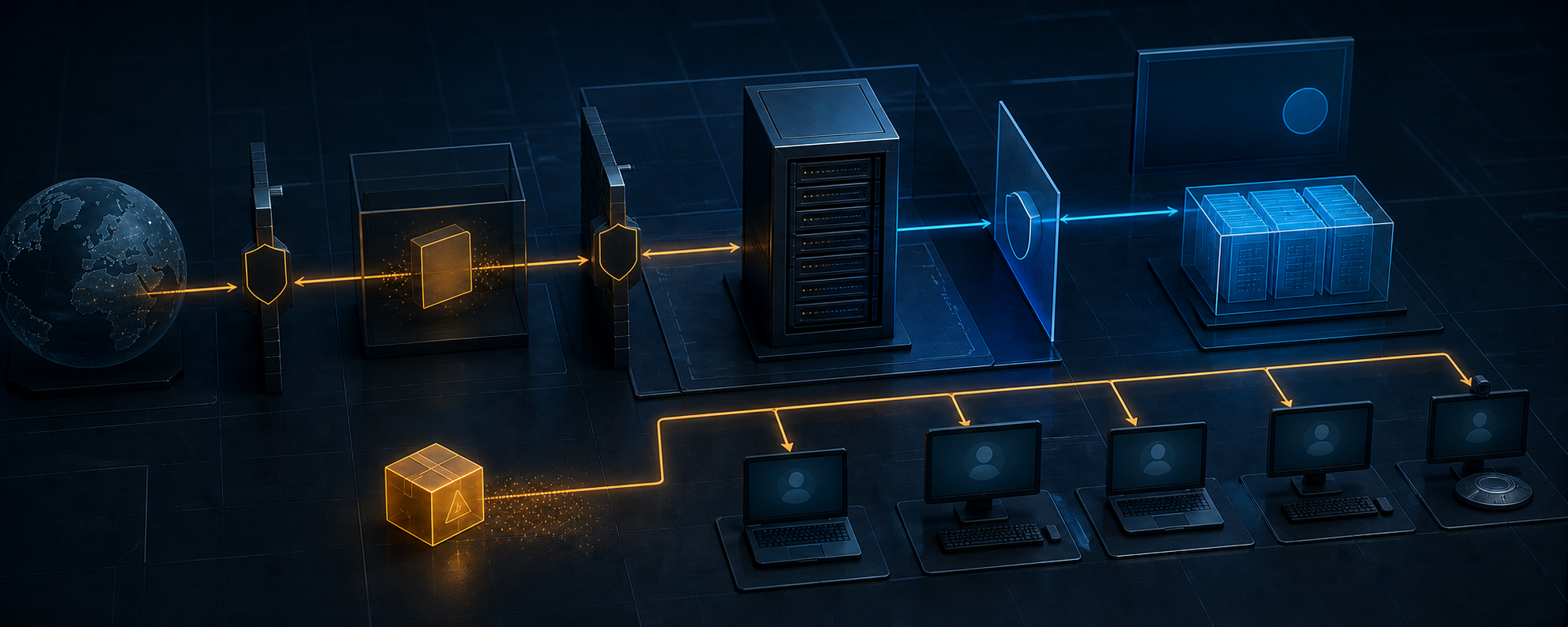 An amber network path enters an isolated script chamber and a self-hosted communications server, then branches through a poisoned software package toward meeting participant workstations beside a blue update boundary