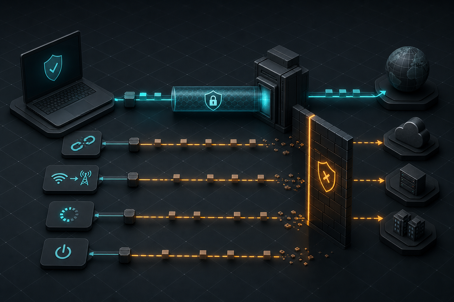Technical illustration of a VPN tunnel and a firewall gate blocking traffic across restart, network handoff, and tunnel-failure test paths