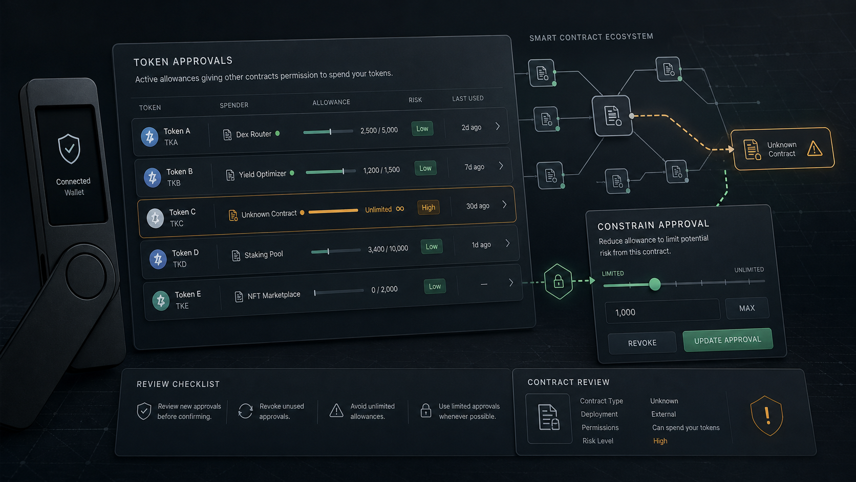 Abstract crypto wallet approval ledger showing token allowances, spender contract paths, and a revoke control