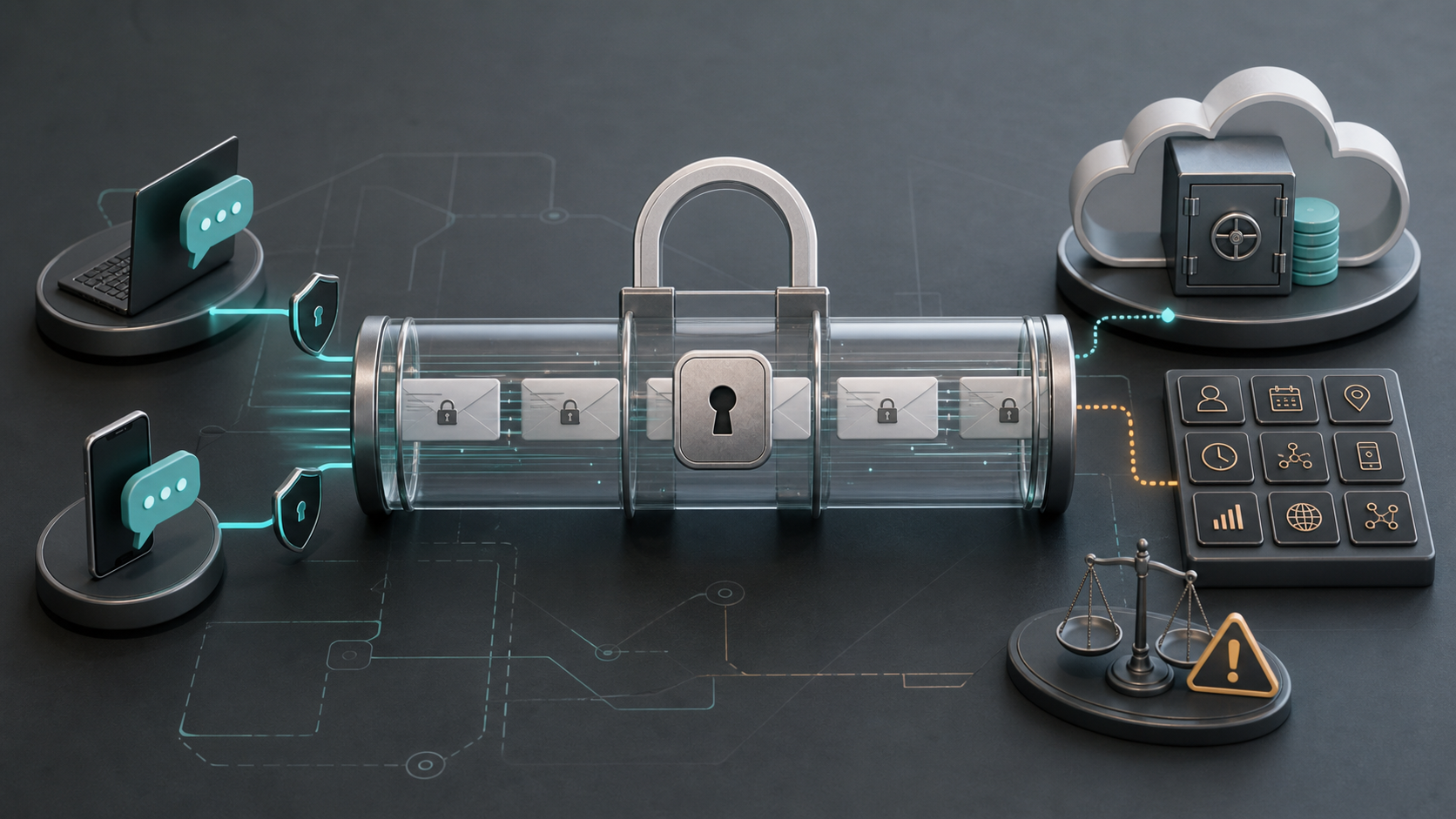 Encrypted message packets traveling through a locked tunnel with separate backup, metadata, and legal-risk tiles outside it