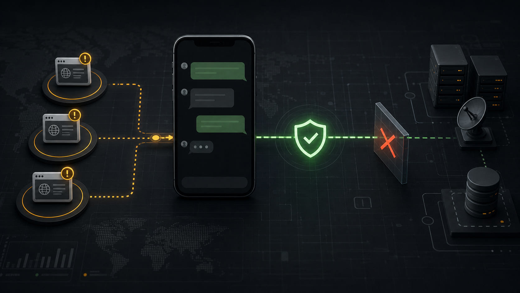 Abstract secure messaging phone, suspicious link nodes, and blocked spyware infrastructure path