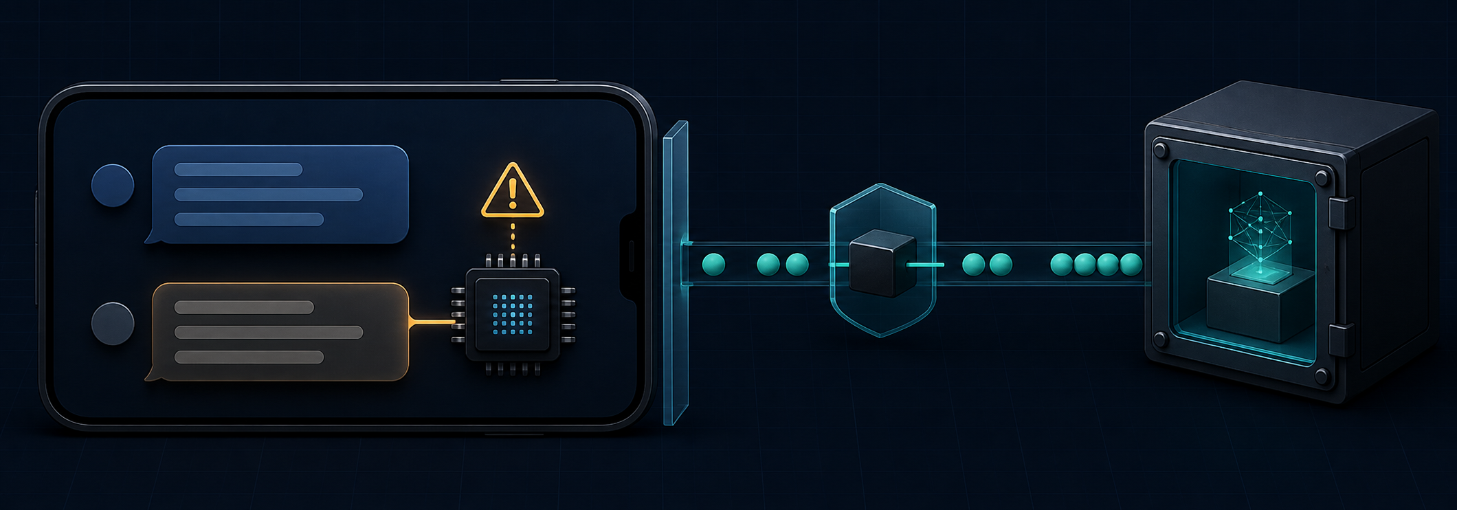 A neutral phone keeps two message capsules beside an on-device classifier while a separate protected path sends anonymous count tokens through a relay to a sealed computing chamber