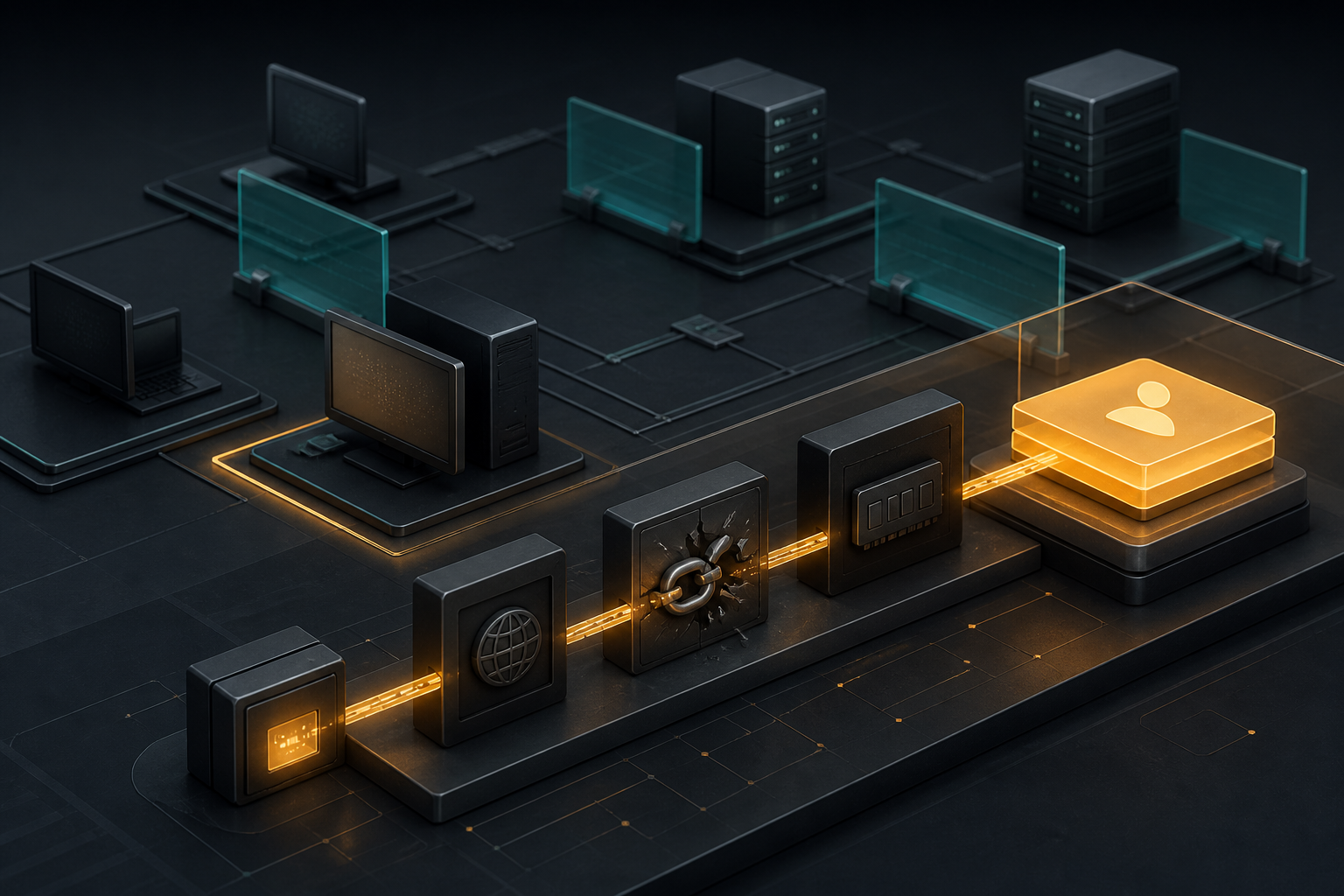 A local application path crossing a damaged networking driver boundary toward a protected system privilege layer while other endpoints remain behind intact controls