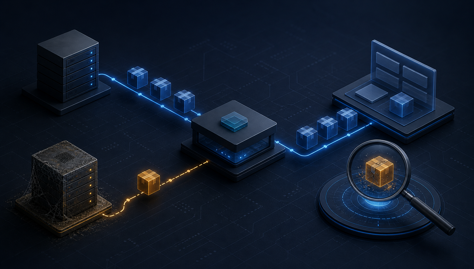 A forgotten legacy server sending a contaminated plugin package through an update proxy while a forensic inspection reveals the altered path