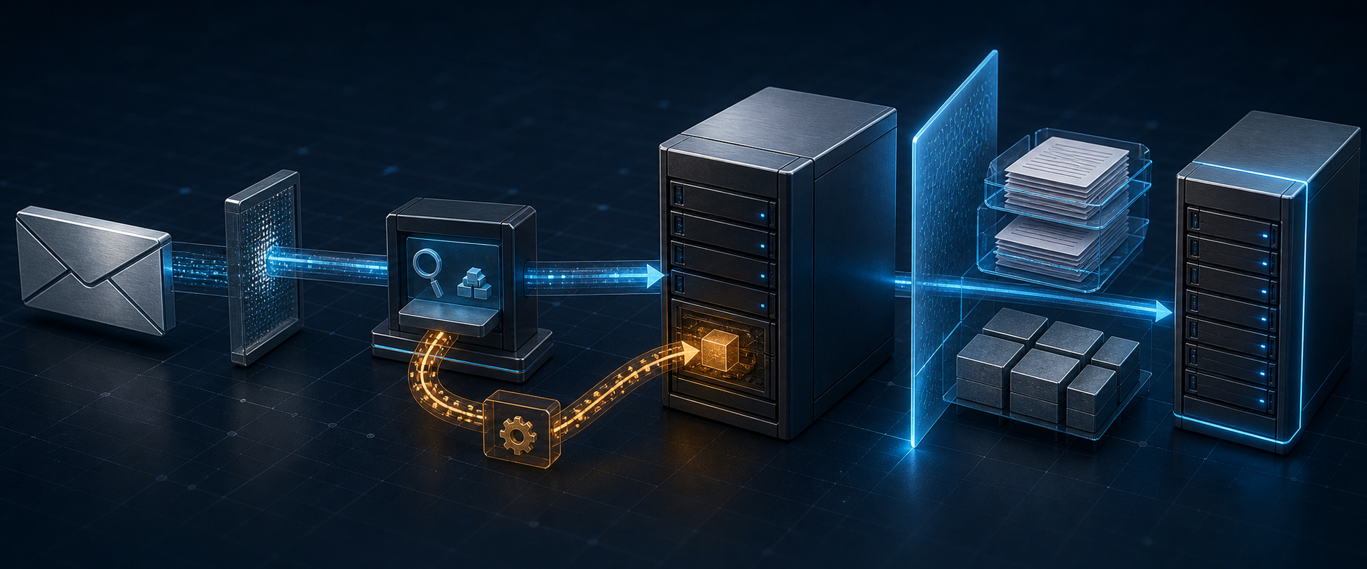 A neutral mail envelope crosses an exposed mail gateway into an optional monitoring module, where an amber command path reaches a server before blue evidence and update boundaries protect a clean replacement