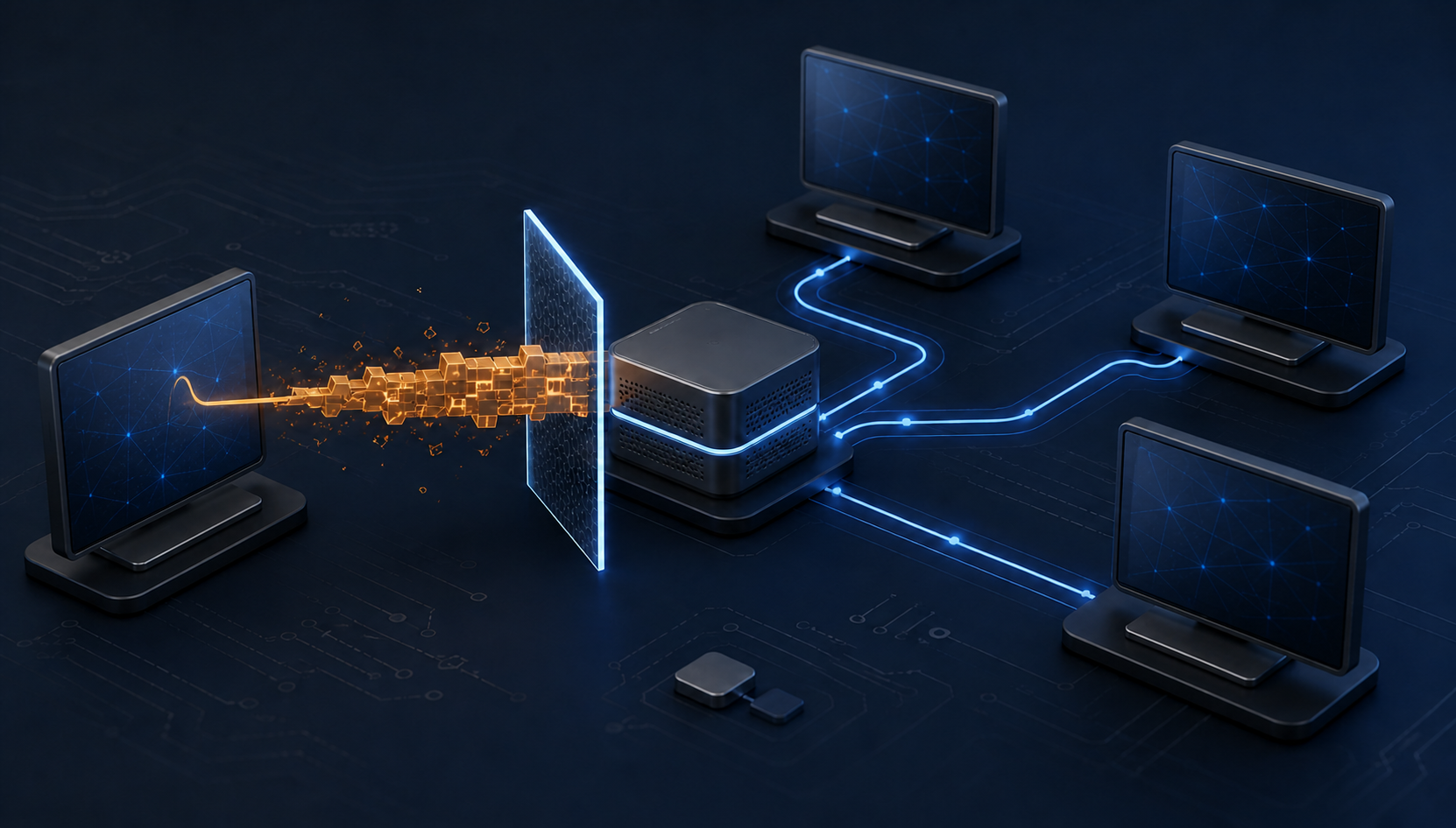 A malformed annotation packet crossing a meeting relay toward several endpoints while a defensive update boundary blocks the path